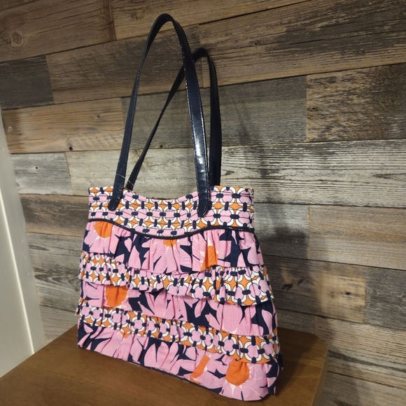 Vera Bradley Pink, Navy & Orange Tote Bag with Geometric Flower & Ruffle Design - Picture 1 of 9